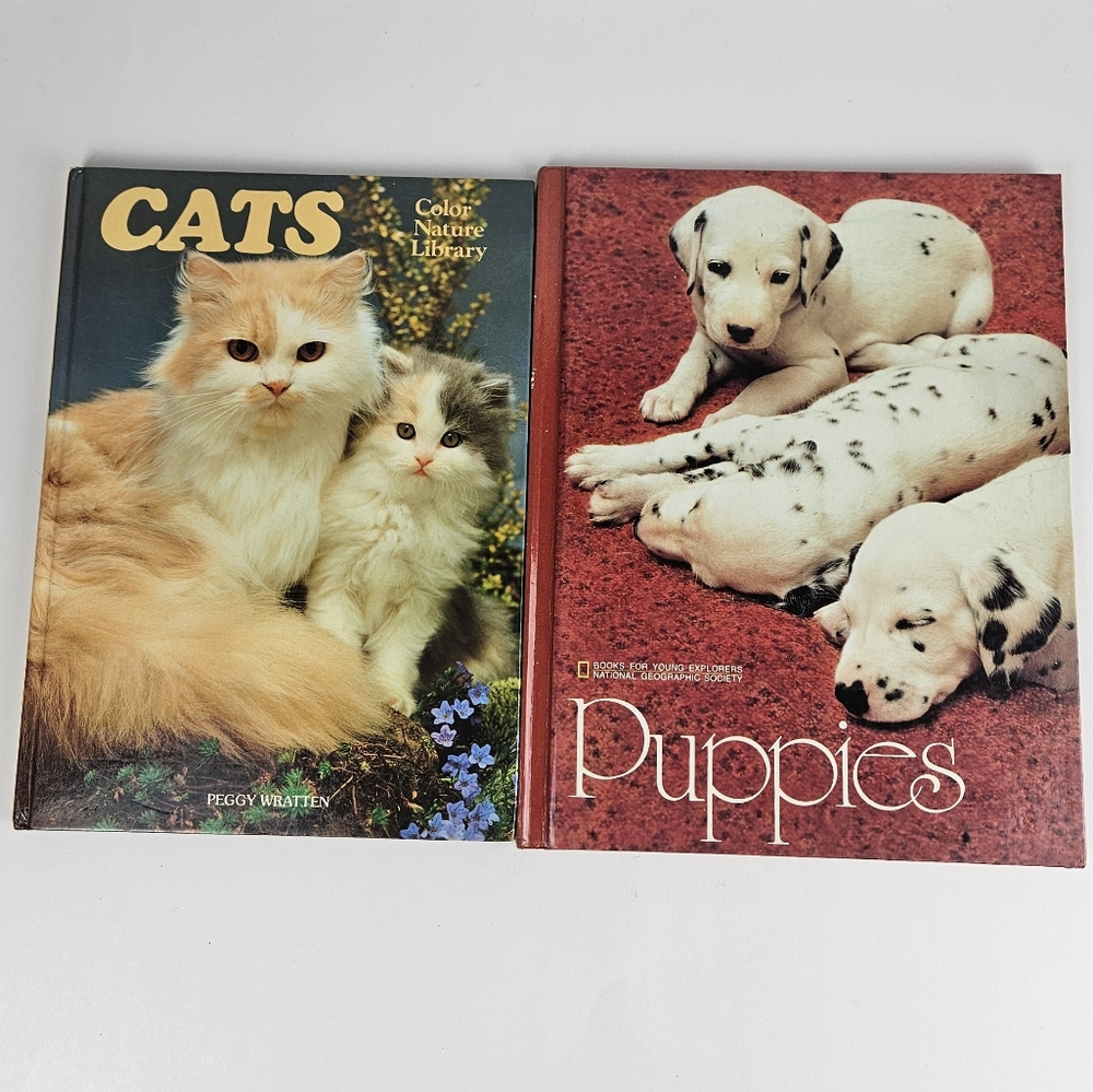 Cats & Puppies | Vintage Bundle of 2 Books | Education Animals Reading Academia